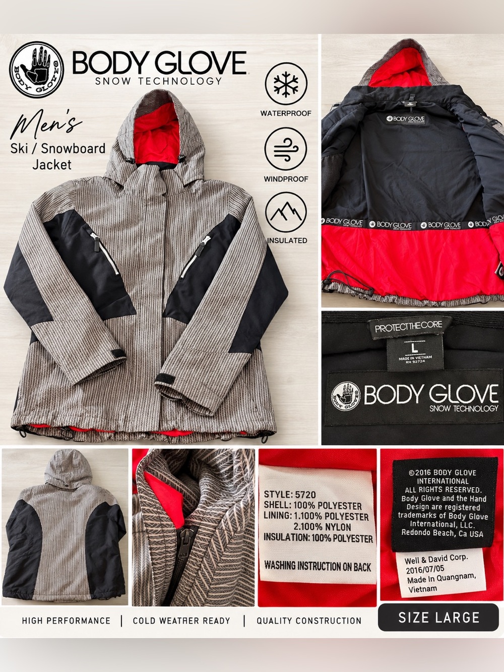Body Glove Men’s Gray & Black Ski Snowboard Jacket with Red Lining